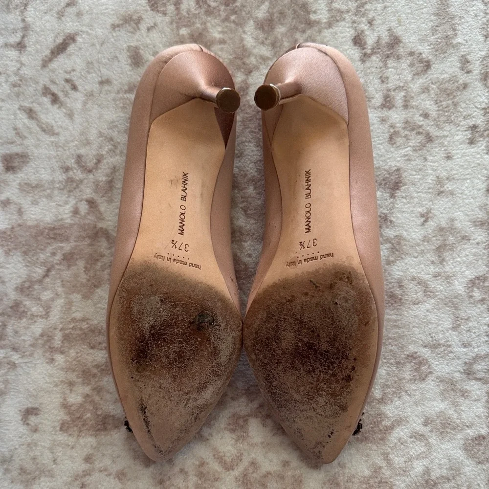 Manolo Blahnik Nude Satin Pointed Toe Pumps with Crystal Buckle Embellishment - Picture 4 of 5